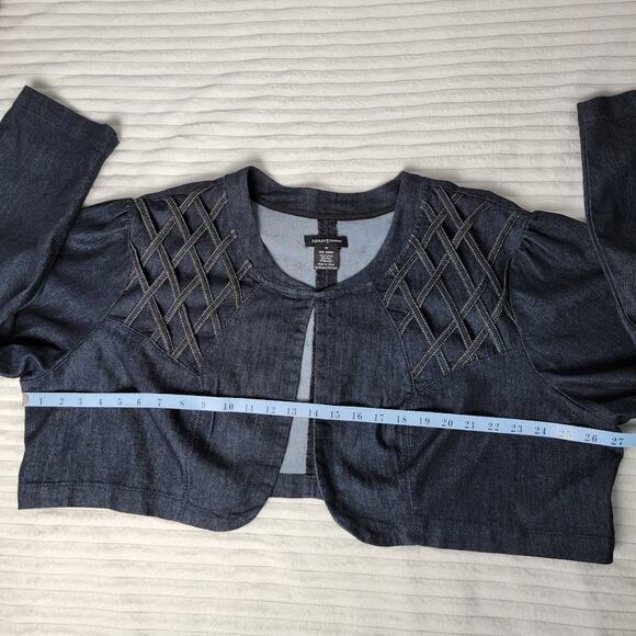 Ashley Stewart Plus 3X Denim Cropped Jacket Lattice Shoulder Detail Bolero Boho - Picture 6 of 9